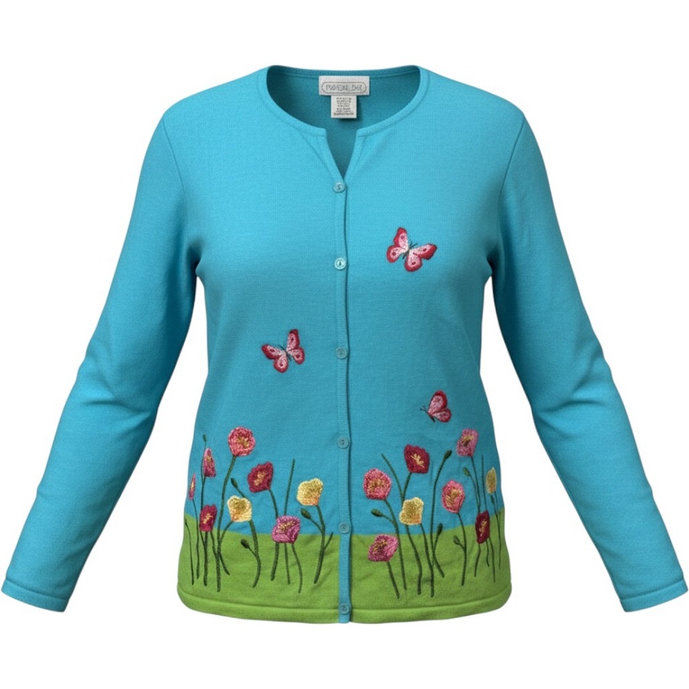 Vintage Mandal Bay Blue Sweater Embroidered Flowers/Butterflies size L